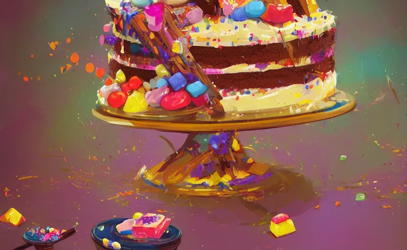 Image similar to a colorful digital painting of a cake with lots of sweets on it, by greg rutkowski and james gurney, trending on artstation