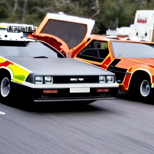 Image similar to a car race between KITT, ecto-1, A-Team van, and doc brown's Delorean