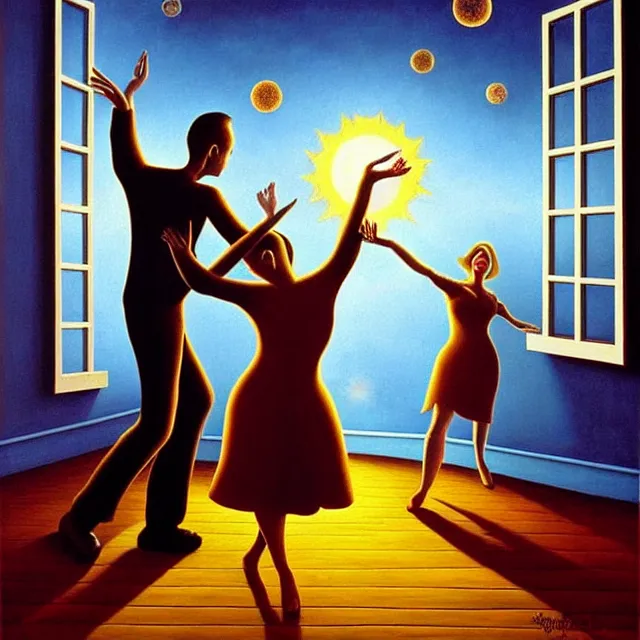 Image similar to an oil on canvas portrait of a couple dancing and the sun is shining through the window, surrealism, surrealist, lovecraftian, cosmic horror, rob gonsalves, high detail