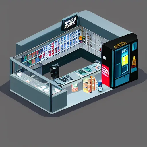 Image similar to isometric view of break room underground with a vending machine, clean, minimalist, light and shadows, octane render