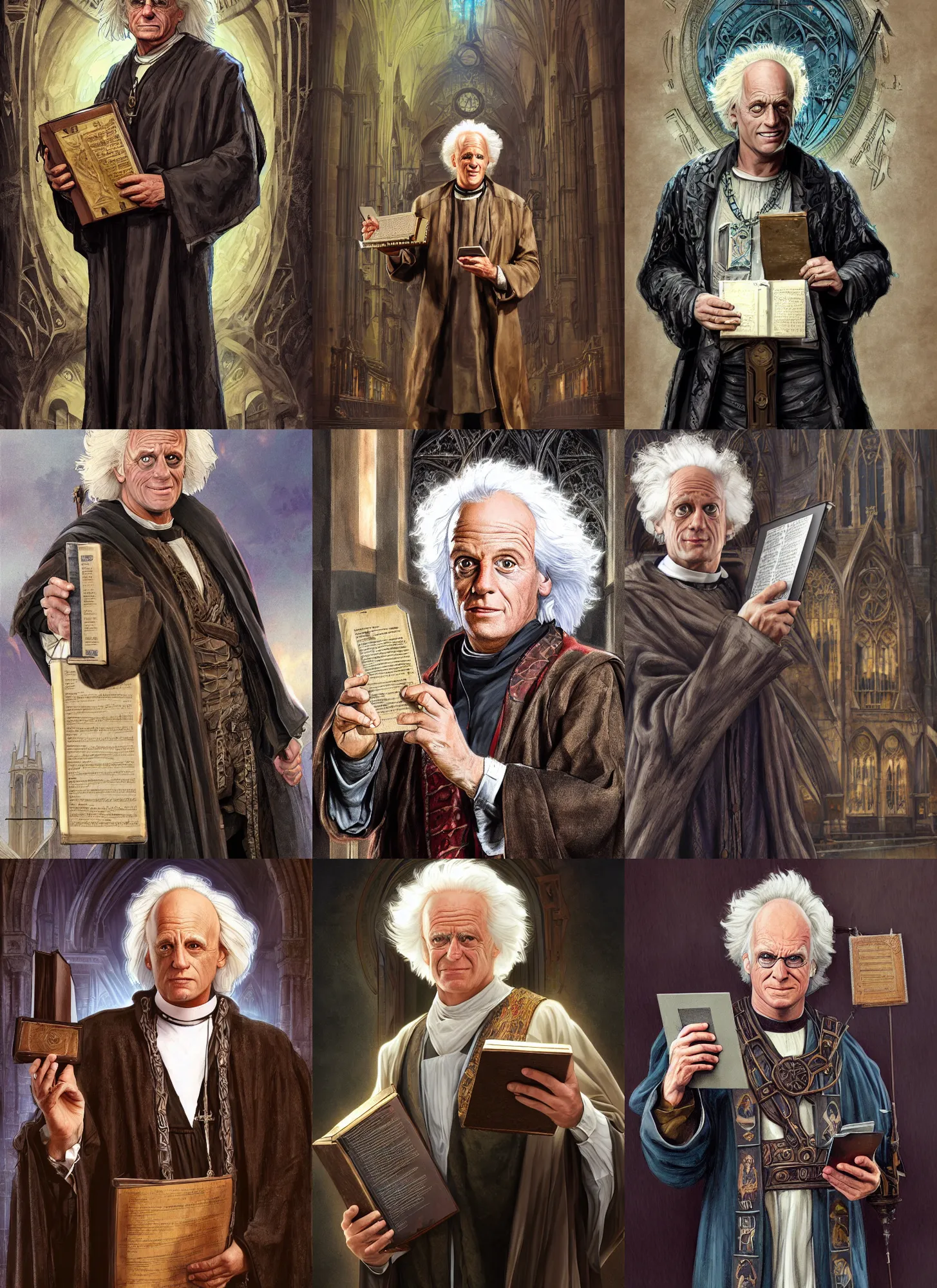 Prompt: emmett brown portrait as medieval theologian, holding tablets of the law, cathedral background, dark, highly detailed, digital painting, artstation, concept art, sharp focus, illustration, rutkowski, aleksi briclot, mucha