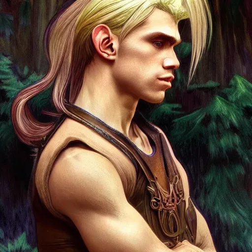 Prompt: masterpiece ultra realistic illustration of a male elf with blonde hair in a ponytail, intricate, dramatic, cinematic, fantasy, highly detailed. in the style of alphonse mucha, final fantasy, artstation trending.