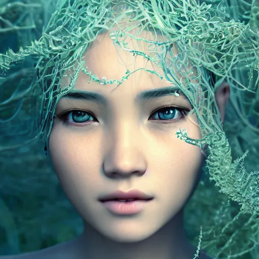 Image similar to intricate highly detailed face portrait of asian - european woman, light blue water vines on her face, intricate, cgsociety, unreal engine, octane render, sharp focus, smooth, volumetric lighting, cinematic composition, artstation