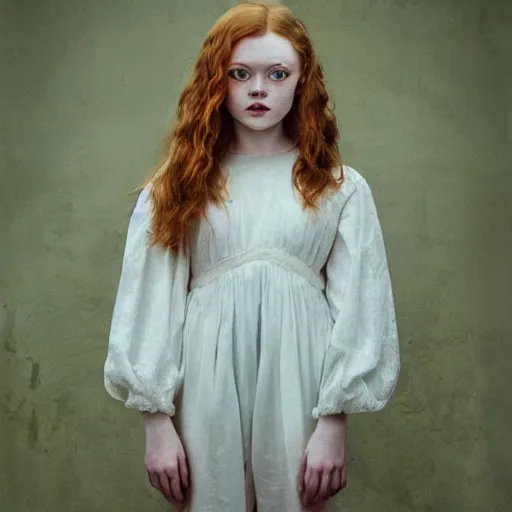 Image similar to sadie sink realistic expired kodak film full body portrait of an angel performer,, hyperrealism, hypermaxiymalism, photorealistic, detailed, atmospheric, 8 k, award winning photography, cinematic