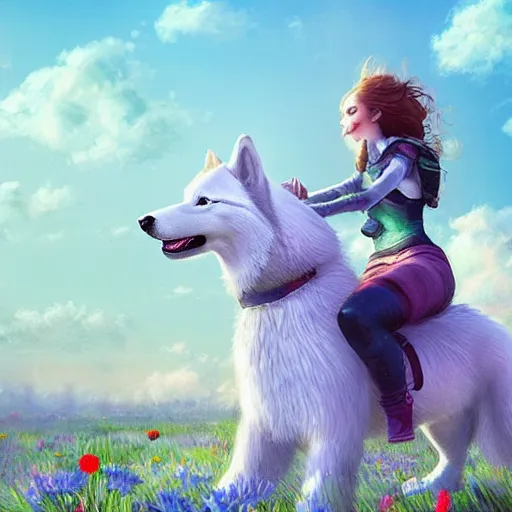 Image similar to girl riding a giant husky in a field of flowers, trending on artstation