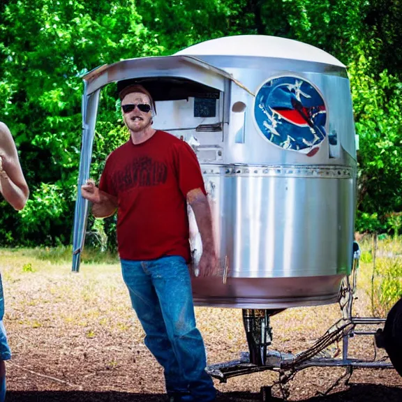 Image similar to redneck astronaut summer grillparty in trailer park, detailed, cinematic photo