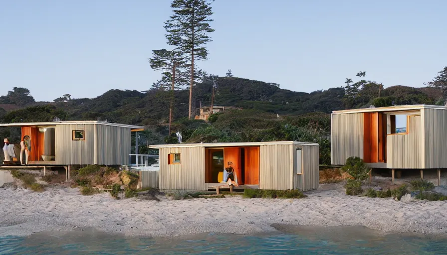 Image similar to An architectural rending of an eco-community neighborhood of innovative contemporary 3D printed sea ranch style cabins with rounded corners and angles, beveled edges, made of cement and concrete, organic architecture, on the California coastline with side walks, parks and public space , Designed by Gucci and Wes Anderson, golden hour
