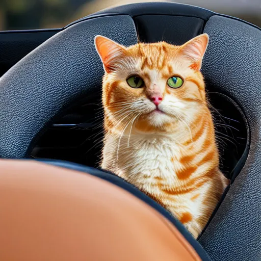 Image similar to cat sitting in driver seat of a cabriolet, paws resting on top of steering wheel, golden hour, top view