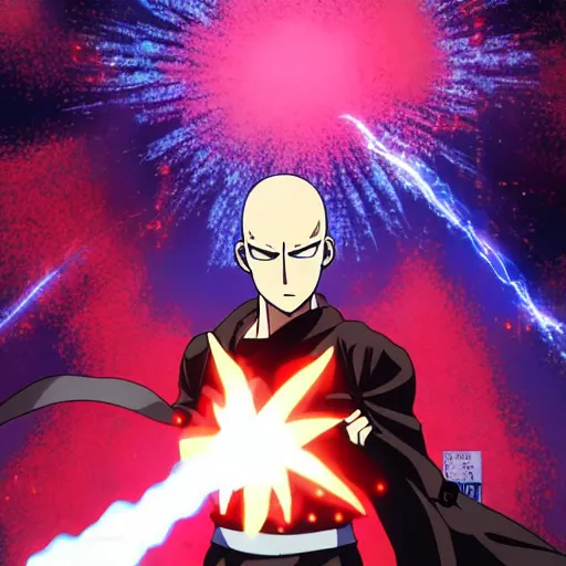 Prompt: saitama punching himself, the universe explodes in bright colorful light, animated, key anime visual, pixiv