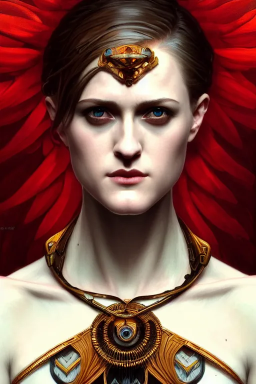 Image similar to symmetry!! portrait of evan rachel wood in the style of god of war, machine parts embedded into face, intricate, elegant, highly detailed, digital painting, artstation, concept art, smooth, sharp focus, illustration, art by artgerm and greg rutkowski and alphonse mucha, 8 k