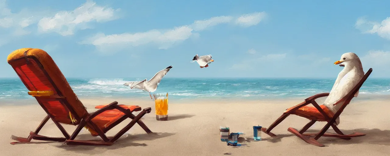 Image similar to an anthropomorphised seagull relaxing on a deck chair on the beach with a margarita in his hand, 4 k, digital illustration, artstation, greg rutkowski, concept art