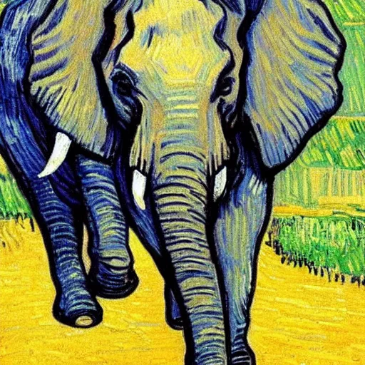 Prompt: elephant running after people painted by van Gogh