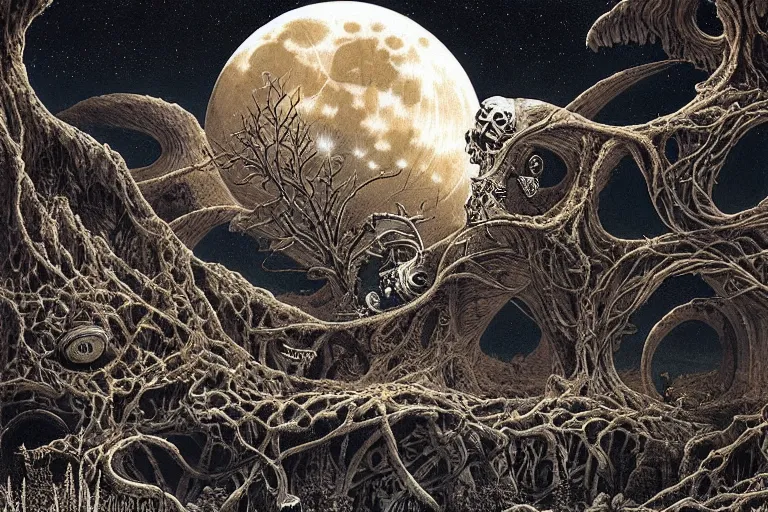 Prompt: a surreal and awe - inspiring science fiction landscape, full moon like skull, intricate, elegant, highly detailed matte painting by ernst haeckel and mark brooks