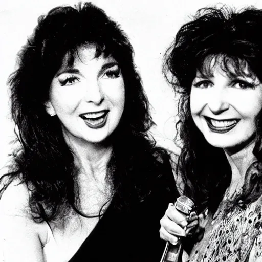 Prompt: kate bush singing a duet with olivia newton john in photorealistic style.
