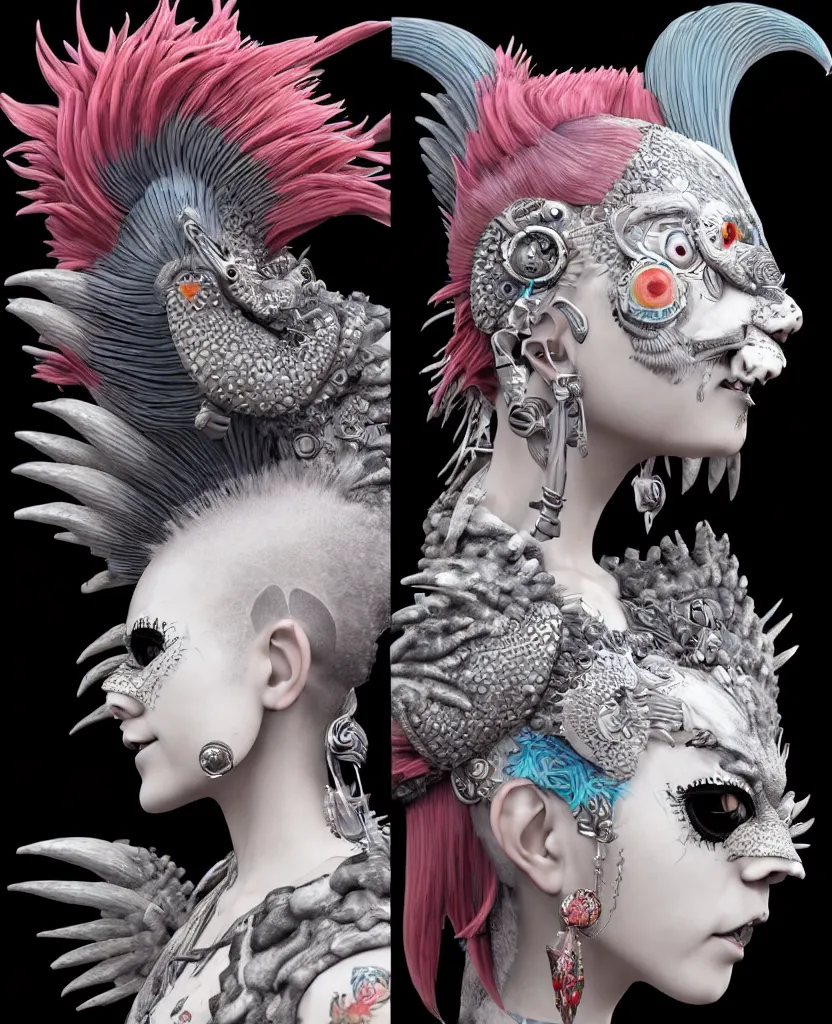 Image similar to 3 d goddess close - up profile portrait punk with mohawk with ram skull. beautiful intricately detailed japanese crow kitsune mask and clasical japanese kimono. betta fish, jellyfish phoenix, bio luminescent, plasma, ice, water, wind, creature, artwork by tooth wu and wlop and beeple and greg rutkowski