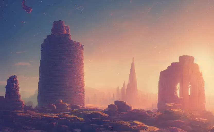 Image similar to A landscape with a single giant stone brick tower with pillars on top at sunset, magical portal, cyberpunk, glowing runes, technology, Low level, rendered by Beeple, Makoto Shinkai, syd meade, simon stålenhag, environment concept, synthwave style, digital art, unreal engine, WLOP, trending on artstation, 4K UHD image, octane render,