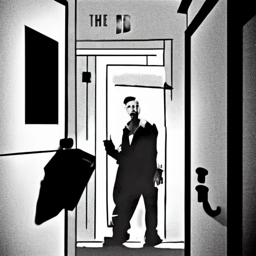 Image similar to The last man on earth hears a knock on the door. Film Noir. High Contrast. Black and White.