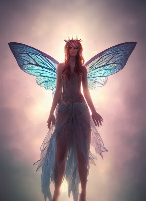 Image similar to beautiful beautiful full body portrait fairy faerie fey fae queen highly detailed CGsociety subtle enchanting alluring magical concept art volumetric lighting subsurface scattering unreal