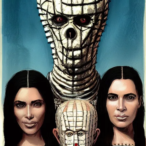 Prompt: Family portrait of Kim Kardashian and her husband pinhead from 'Hellraiser!'. with their 3 children. illustration, highly detailed by Greg Rutkowski