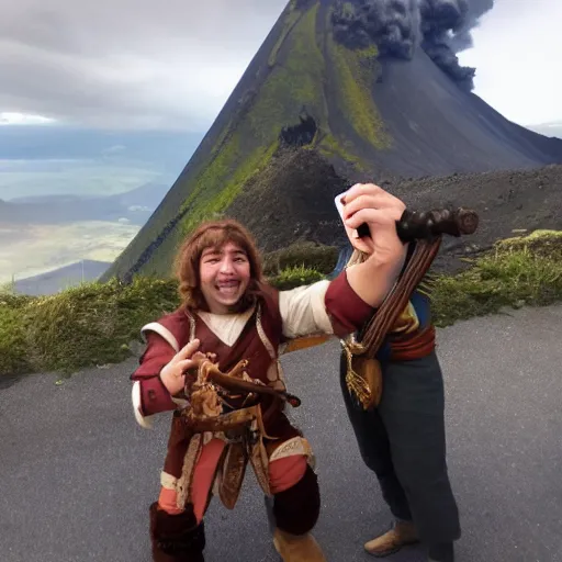 Prompt: Selfie photo of a halfling bard with volcano behind him