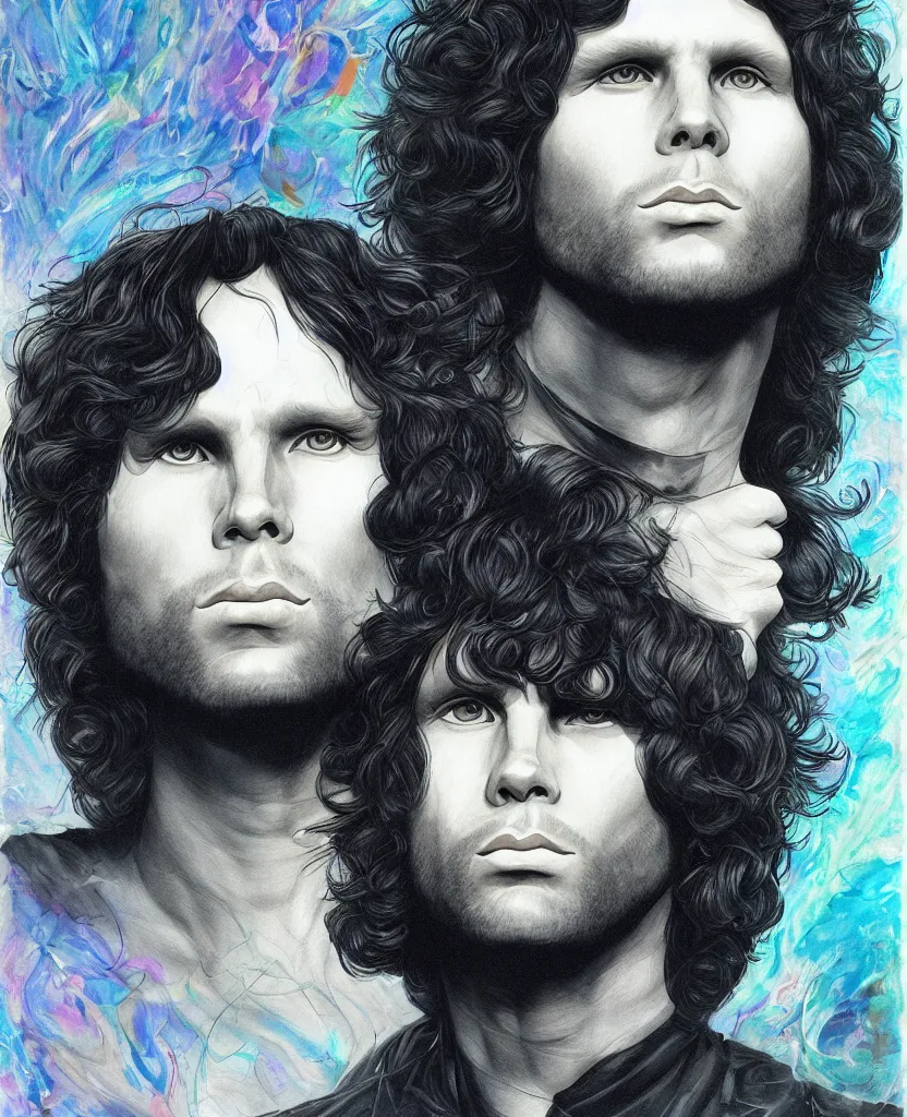 Image similar to portrait of jim morrison by yukito kishiro, colored, hyper detailled, trending on artstation