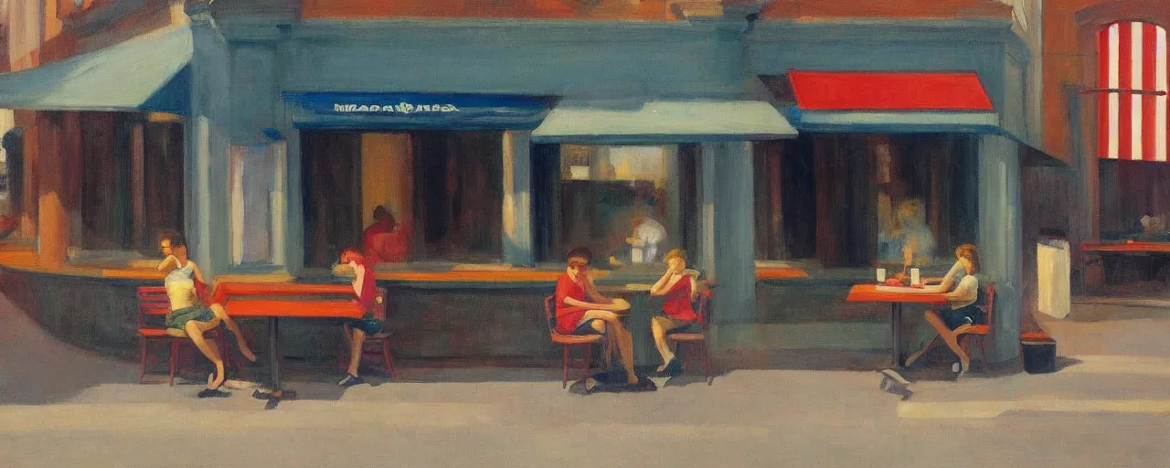 Prompt: an edward hopper - style painting of a hungarian young generation z person sitting on a table bench eating a meal outside at mcdonald's in gyor on saturday mid - summer of 2 0 2 2