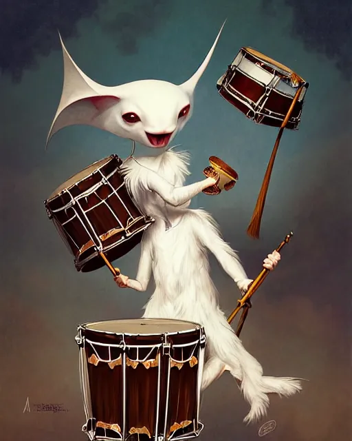 Prompt: anthropomorphic art of a anthropomorphic white bat playing the drum set, victorian clothing by artgerm, victo ngai, ryohei hase, artstation, highly detailed digital painting, smooth, global illumination, fantasy art by greg rutkowsky, karl spitzweg