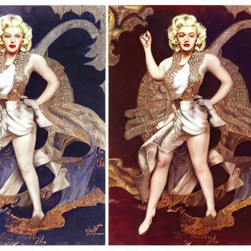 Image similar to an extremely detailed matte painting marilyn monroe as a powerful sorceress in a resplendent silver and gold dress with crimson trim and a long leg slit, in the style of magic the gathering, 8 k, sharp focus, detailed face, art by john collier and albert aublet and krenz cushart and artem demura and alphonse mucha