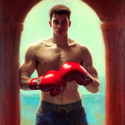 Image similar to handsome portrait of a young guy fitness posing, war hero, flexing, wearing red boxing gloves, hibiscus flower accent, radiant light, caustics, by gaston bussiere, bayard wu, greg rutkowski, giger, maxim verehin