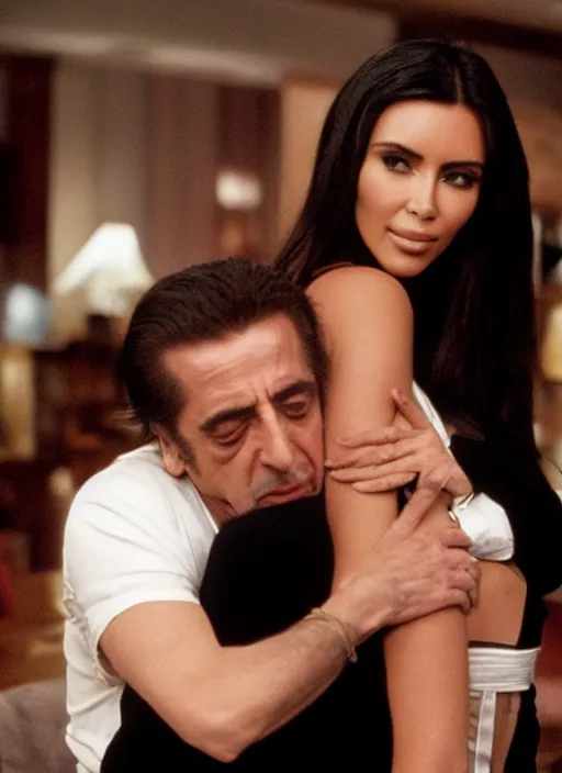 Image similar to film still of Al Pacino hugging kim kardashian in an episode of The Sopranos, 4k