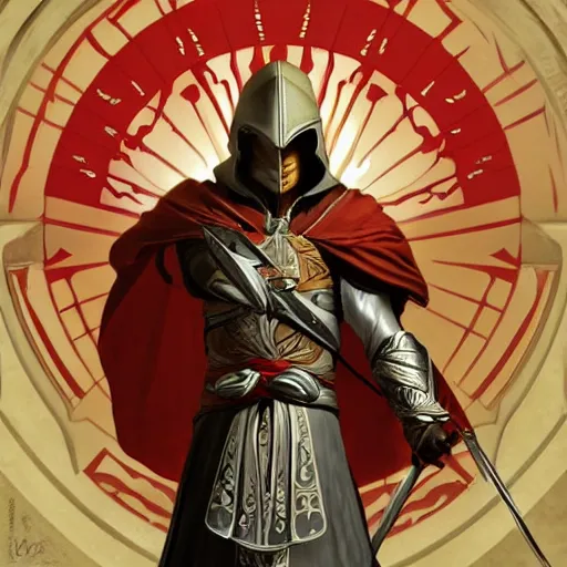 Image similar to an ultra detailed vector image of ezio auditore dressed as solaire of astora, concept art by alphonse mucha and greg rutkowski, praise the blood moon, octane render, liminal space