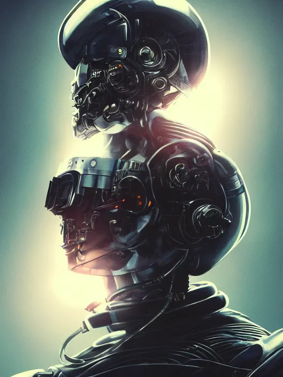 Image similar to portrait art of 8k ultra realistic retro futuristic terminator astronaut helmet, lens flare, atmosphere, glow, detailed,intricate,blade runner, cybernetic, full of colour, cinematic lighting, trending on artstation, 4k, hyperrealistic, focused, extreme details,unreal engine 5, cinematic, masterpiece, art by ayami kojima, giger