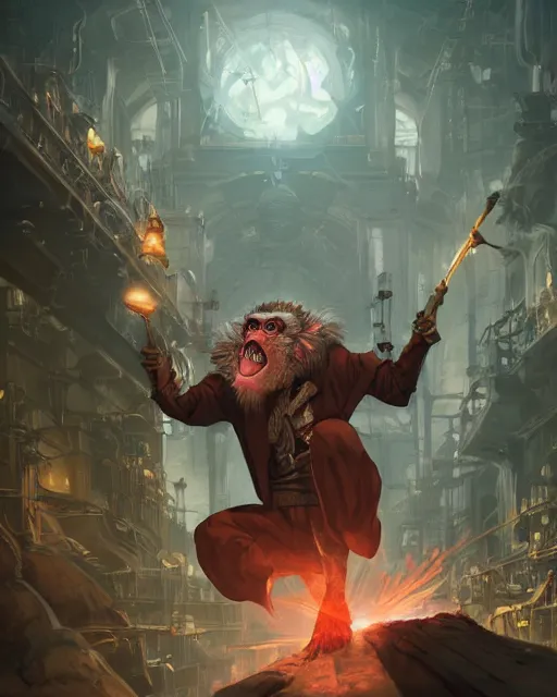 Image similar to Monkey Mad Scientist, laughing, D&D, artstation, fantasy, magic the gathering artwork, cinematic lighting, centered, symmetrical, highly detailed, digital painting, , concept art, smooth, sharp focus, illustration, volumetric lighting, epic Composition, 8k, art by Akihiko Yoshida and Greg Rutkowski and Craig Mullins, oil painting, cgsociety