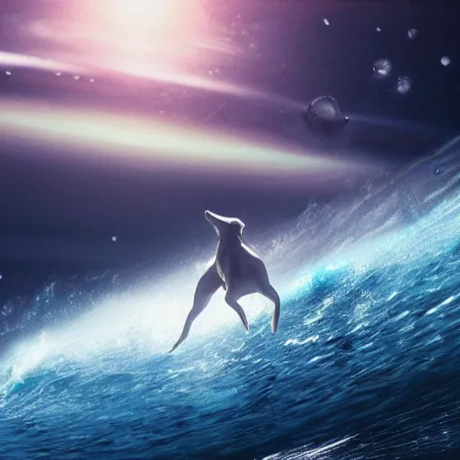 Image similar to photo of gray coat pit bull with white paws surfing a surfboard on a crashing l wave of alien ocean in space, background is an alien galaxy, aliens in the background, alien colors, octane render, unreal engine, wide view, 8 k, high detaild