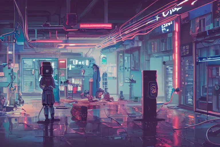 Prompt: robot repair shop, broken robot on ground, science-fiction, cyberpunk, neon lights, mist, cables, computer screens, girl working, windows, 8k, illustration, art by ghibli and moebius