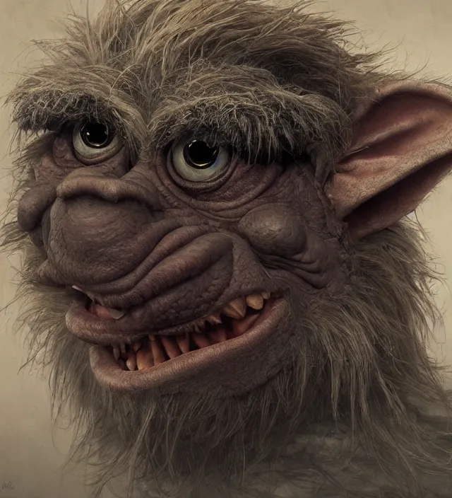 Image similar to hyper realistic portrait of muppet monster goblin, cinematic, symmetric face, dark crystal, artstation, cgsociety, alan lee, jean baptiste monge, scott radke