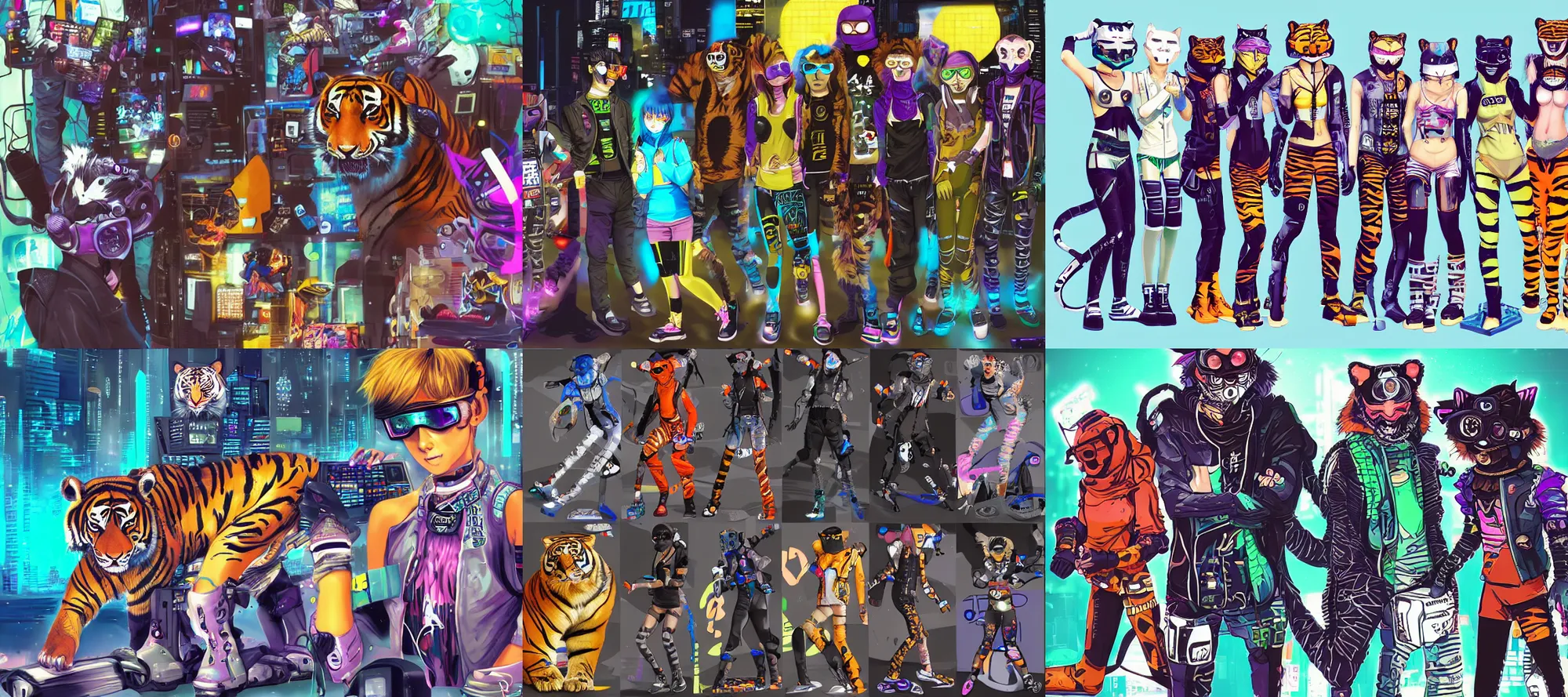 Prompt: cyberpunk anthro tiger computer hacker spandex skater goggles cat person grinning netrunner tiger itsaunixsystem furry fursuit feline mizuki cat