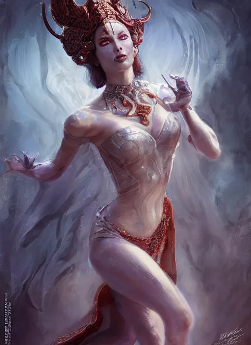 Image similar to a detailed body portrait of a elegantly dressed female tiefling dancing, queen of blades, a beautiful face, by dorian cleavenger, by greg rutkowski, by wlop, by astri lohne, by zdzisław beksinsk, by bastien lecouffe - deharme