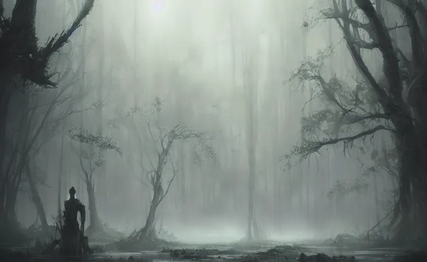 Image similar to an eerie gray swamp, foggy, slimy trees, murky water, distant lights in the fog, fantasy digital painting, stunning intricate details, artwork by ross tran and greg rutkowski