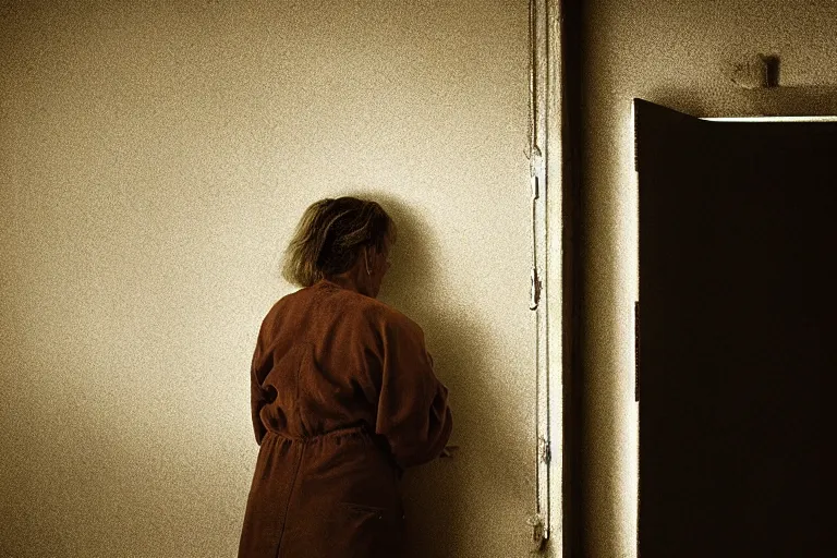 Image similar to a cinematic painting of an old female prisoner inside of jail cell looking out of a window onto a beautiful serene landscape, beautiful lighting, high depth, ultra realistic, artistic, by annie leibovitz, by hendrik kerstens