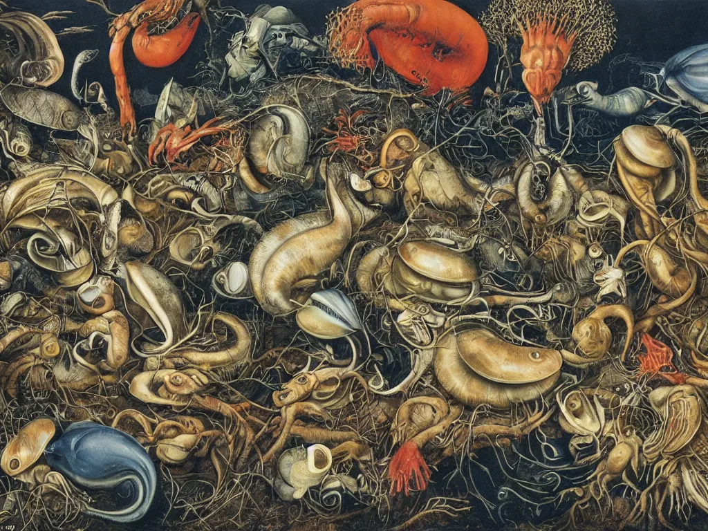 Image similar to The mollusks are reproducing. Long blue eyes. The human metropolis falls and crumbles, Autumn light, harsh. Painting by Walton Ford, Lucas Cranach, Otto Dix