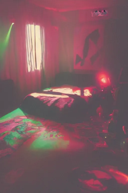 Image similar to agfa vista 4 0 0 photograph of a cluttered 9 0 s teenagers goth punk rock bedroom, synth vibe, vaporwave colors, lens flare, moody lighting, moody vibe, telephoto, 9 0 s vibe, blurry background, grain, tranquil, calm, faded!,