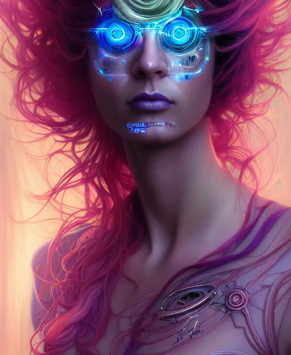 Image similar to a whirlwind of souls rushing inside the metaverse, half body, jewelry, hologram, dreads, android, cyborg, cyberpunk face, by loish, d & d, fantasy, intricate, elegant, highly detailed, colorful, vivid color, digital painting, artstation, concept art, art by artgerm and greg rutkowski and alphonse mucha