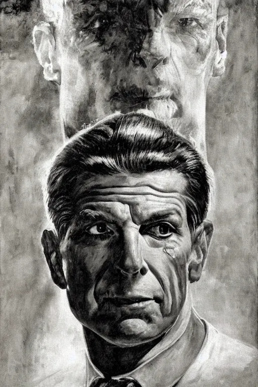 Image similar to a closer personal portrait of vince mcmahon with very piercing eyes, very charismatic. in the old ancient temple of luxor. masterpiece, dark. painted by norman rockwell and james gurney