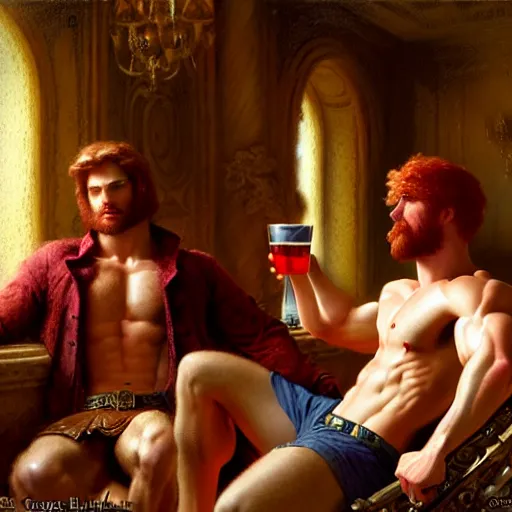 Prompt: attractive muscular mike with ginger hair with attractive tyler with brunet hair, drinking their hearts out, in their noble mansion. image defined to the maximum and highly detailed painting by gaston bussiere, craig mullins 8 k