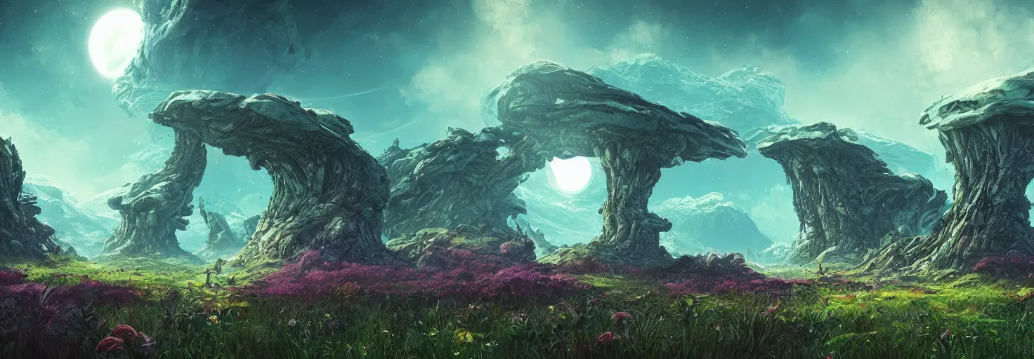 Image similar to alien planet : landscape : flora and fauna : android jones : aleksandr pronin | humble