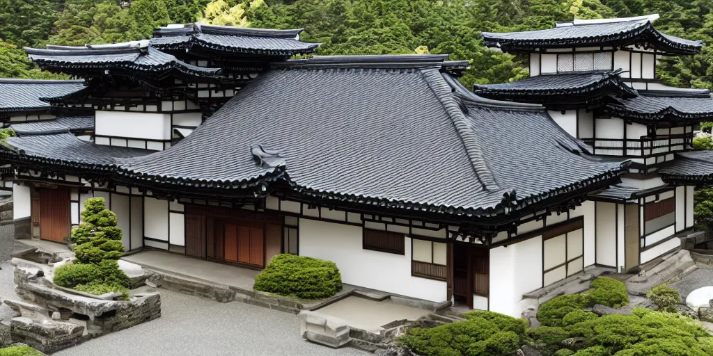 Image similar to large residence, japanese style, flared japanese black tile roof, cascadian, elegant