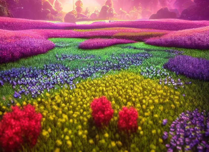 Prompt: flowerfield on a luminescent crystal biome that looks like a movie shot by pixar, ultra detailed, fantasy, hyper realism, art, smooth, beautiful art, masterpiece, landscape, cinematic, wet reflections, ray tracing x, rtx, smooth