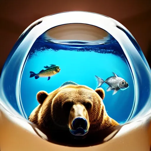 Prompt: a swimming bear inside of a fish bowl