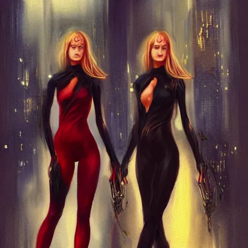 Image similar to adult pair of twins, male and female, arrogant, urban fantasy, half portrait, urban background, highly detailed, digital painting, artstation, concept art, sharp focus, smooth, art by livia prima and magali villeneuve, elegant red black and gold clothing